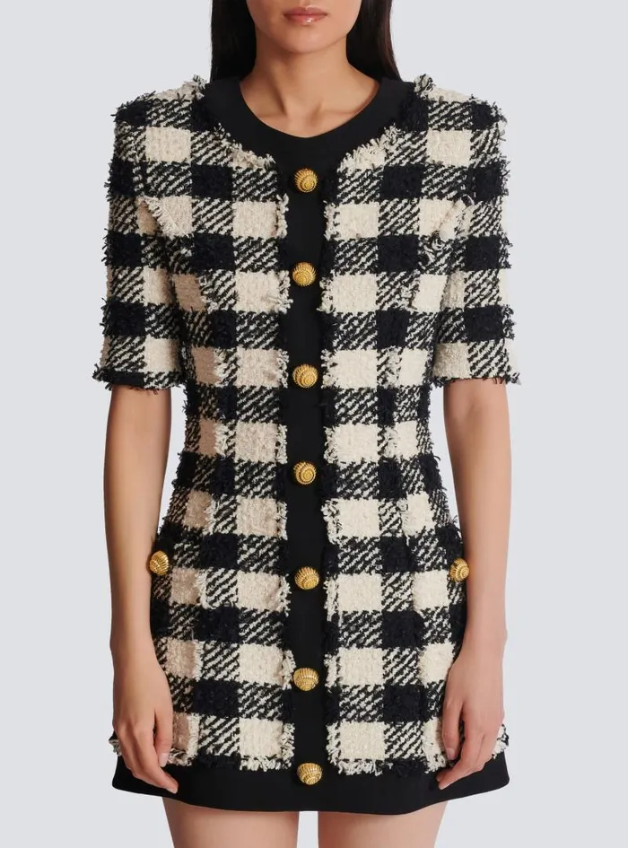 Balmain Dresses Women Gingham Tweed And Crepe Dress Black