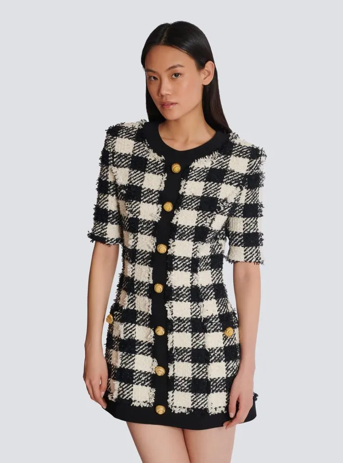 Balmain Dresses Women Gingham Tweed And Crepe Dress Black