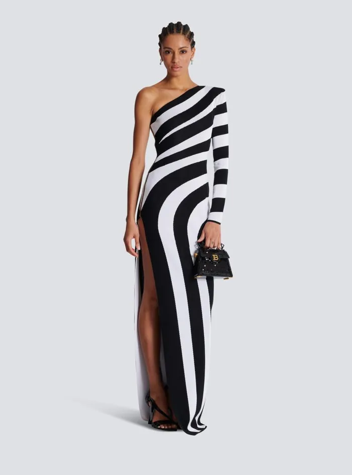 Balmain Dresses Women Long Asymmetrical Striped Knit Dress Black