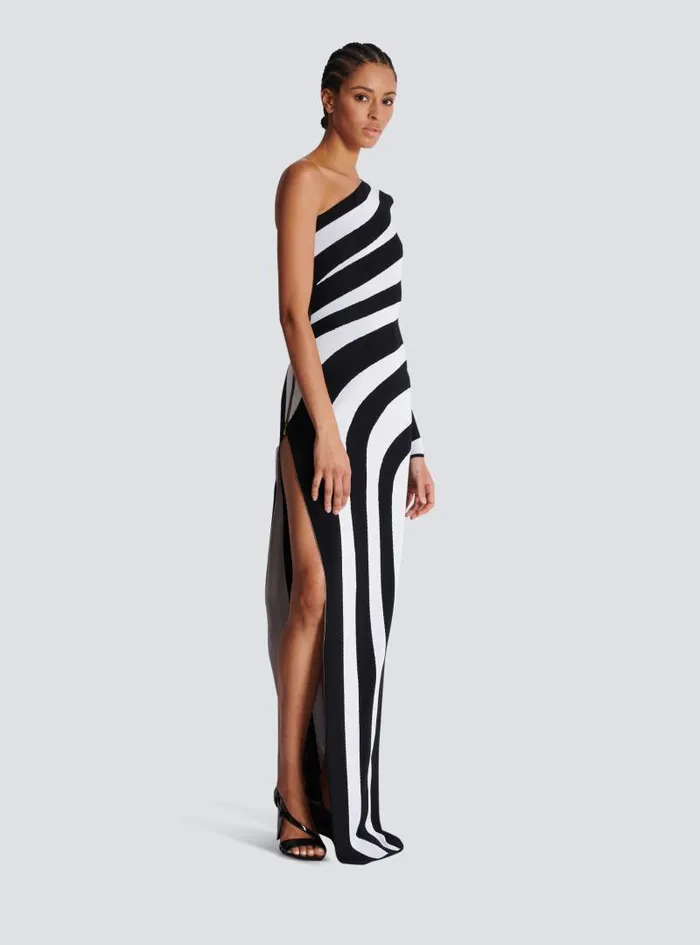Balmain Dresses Women Long Asymmetrical Striped Knit Dress Black