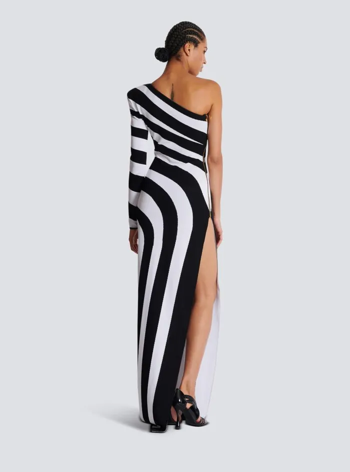 Balmain Dresses Women Long Asymmetrical Striped Knit Dress Black