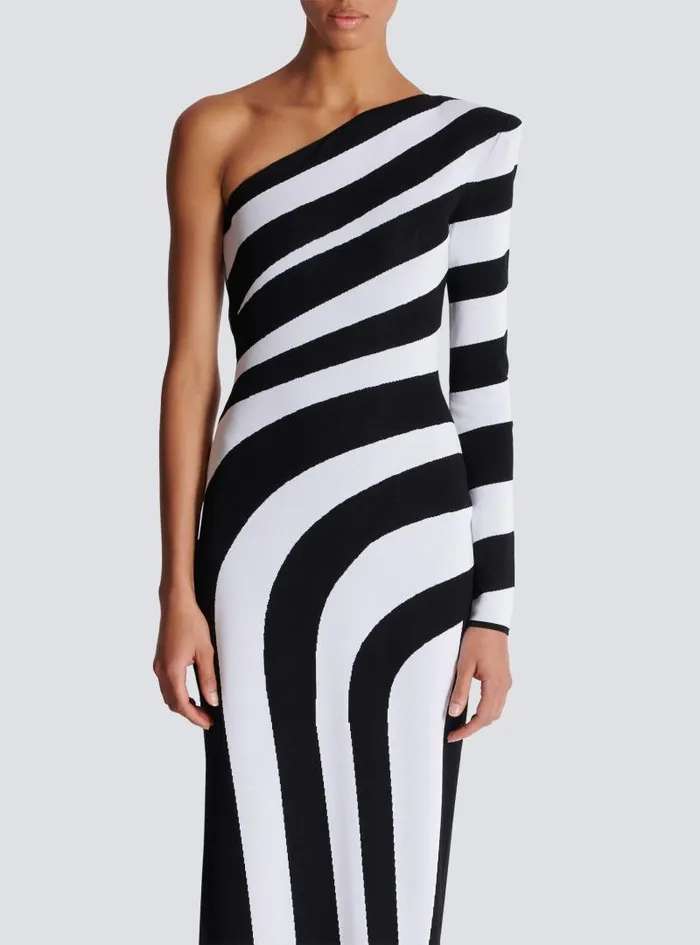 Balmain Dresses Women Long Asymmetrical Striped Knit Dress Black