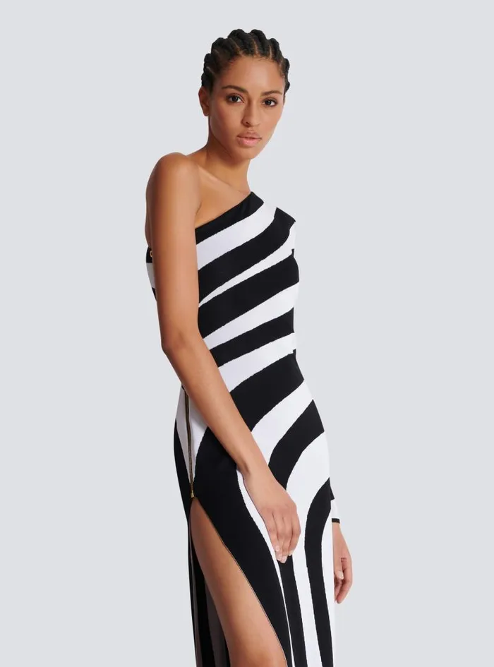 Balmain Dresses Women Long Asymmetrical Striped Knit Dress Black