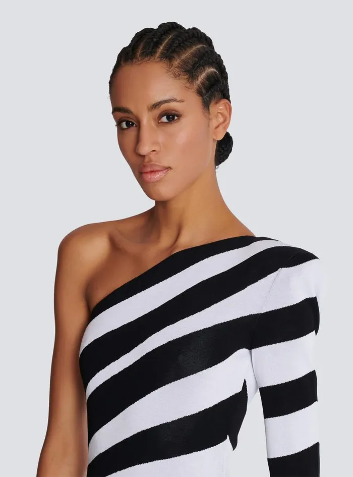 Balmain Dresses Women Long Asymmetrical Striped Knit Dress Black
