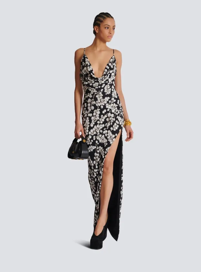 Balmain Dresses Women Long Dress With Redcurrant Print Black