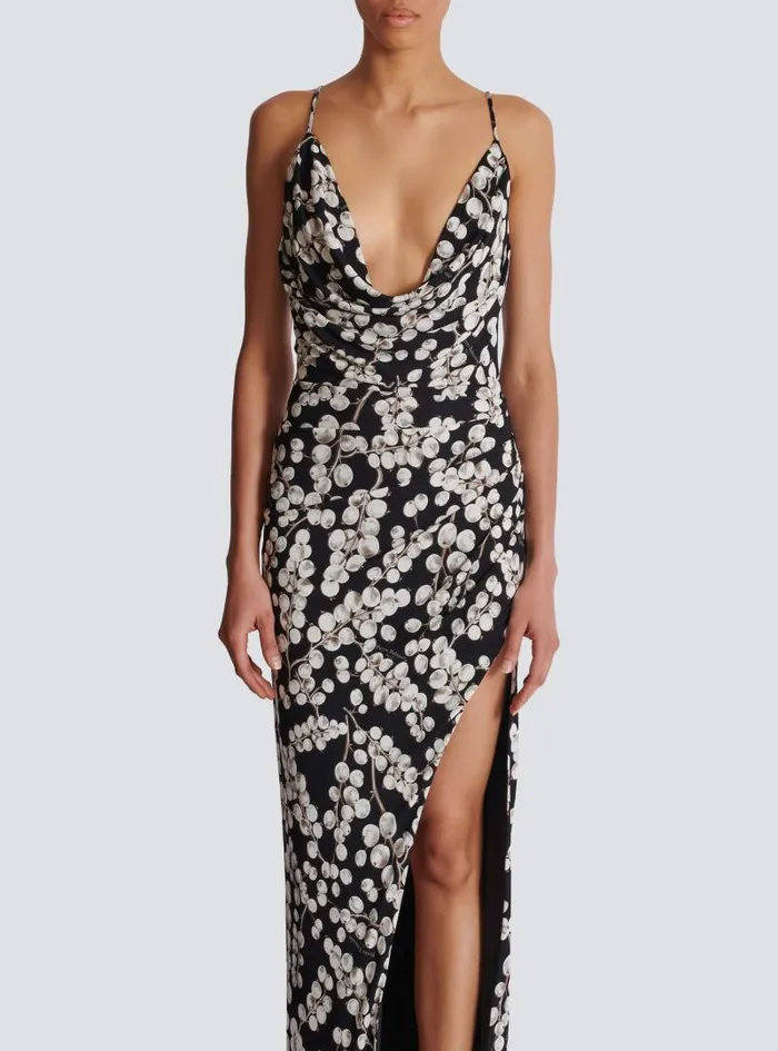 Balmain Dresses Women Long Dress With Redcurrant Print Black