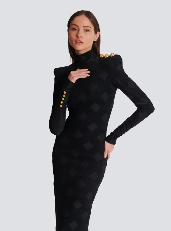 Balmain Dresses Women Long Gingham Boucl Dress Black