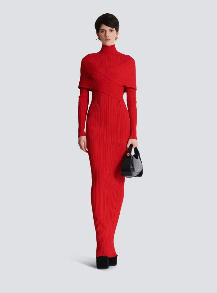 Balmain Dresses Women Long Pleated Knit Dress Red