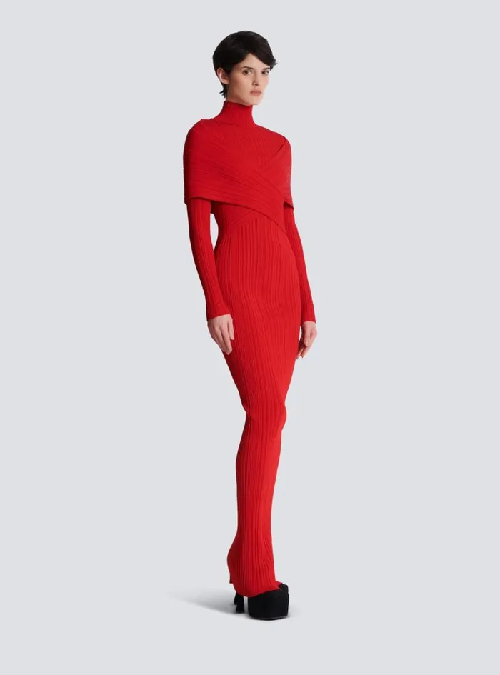 Balmain Dresses Women Long Pleated Knit Dress Red