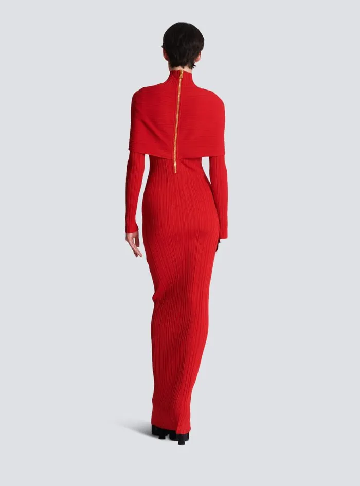 Balmain Dresses Women Long Pleated Knit Dress Red