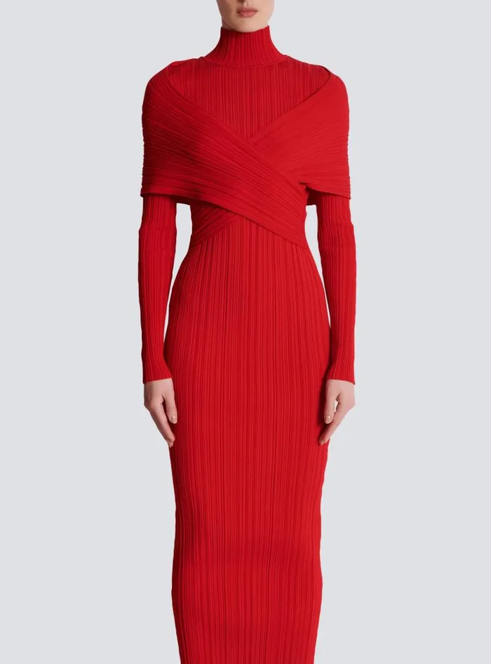 Balmain Dresses Women Long Pleated Knit Dress Red