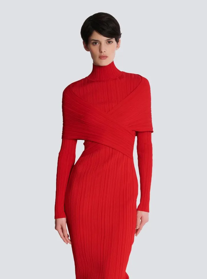 Balmain Dresses Women Long Pleated Knit Dress Red
