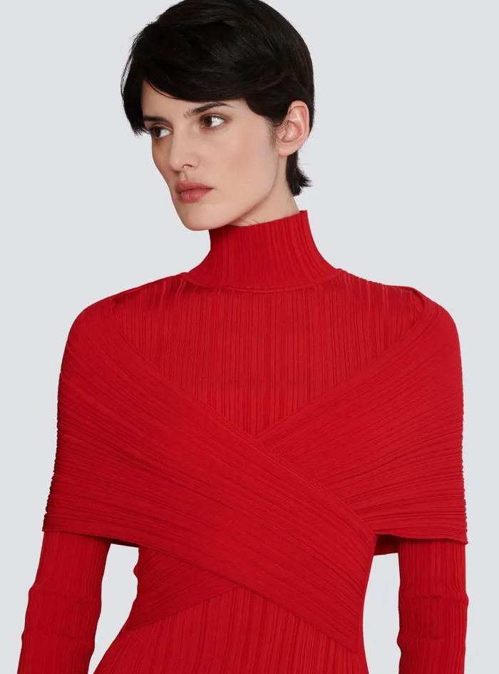 Balmain Dresses Women Long Pleated Knit Dress Red