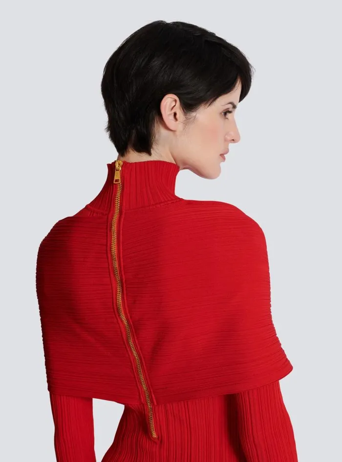 Balmain Dresses Women Long Pleated Knit Dress Red