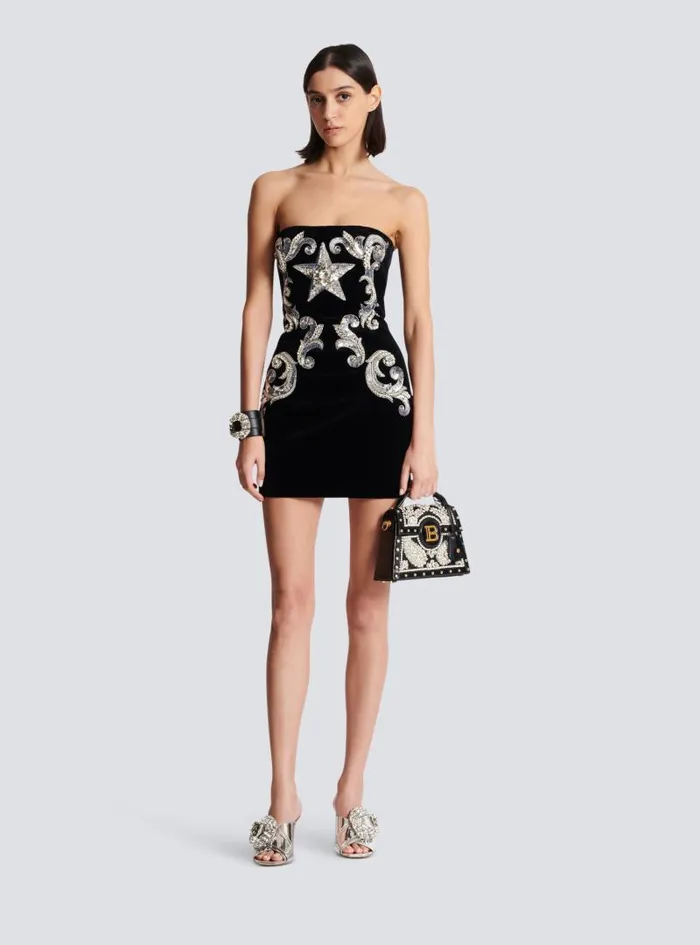 Balmain Dresses Women Paisley Embroidered Strapless Dress Black