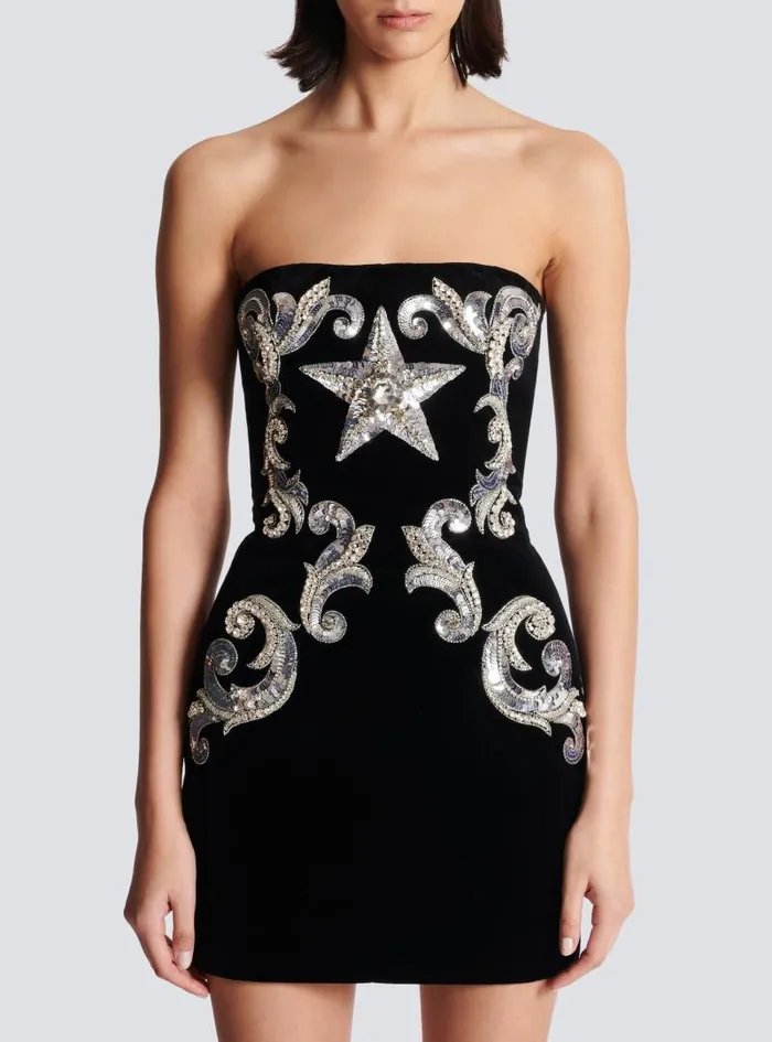 Balmain Dresses Women Paisley Embroidered Strapless Dress Black