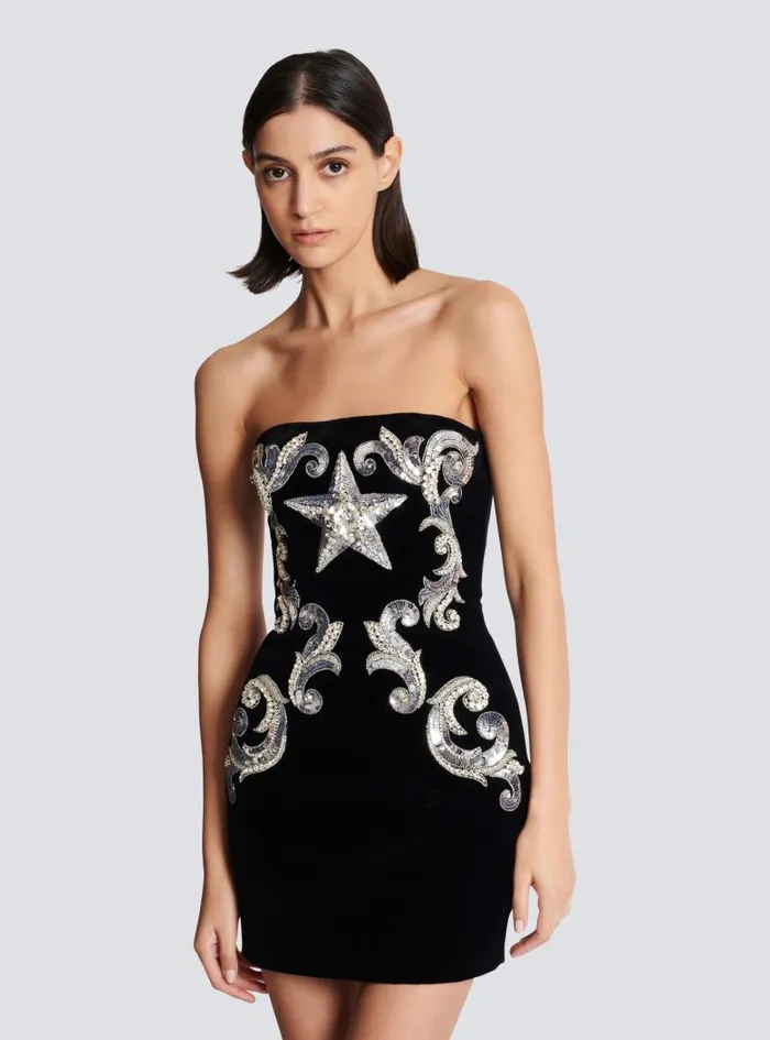 Balmain Dresses Women Paisley Embroidered Strapless Dress Black