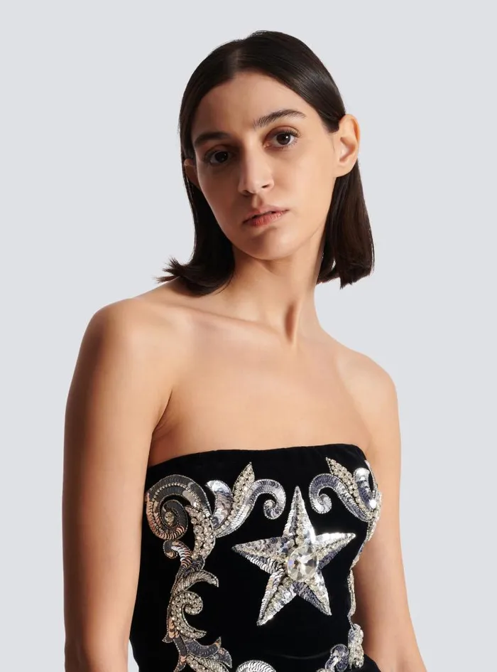 Balmain Dresses Women Paisley Embroidered Strapless Dress Black