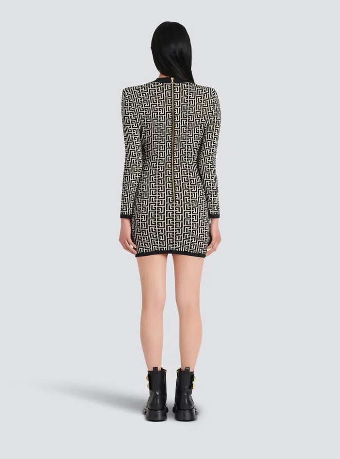 Balmain Dresses Women Short Bicolor Jacquard Dress With Monogram Black