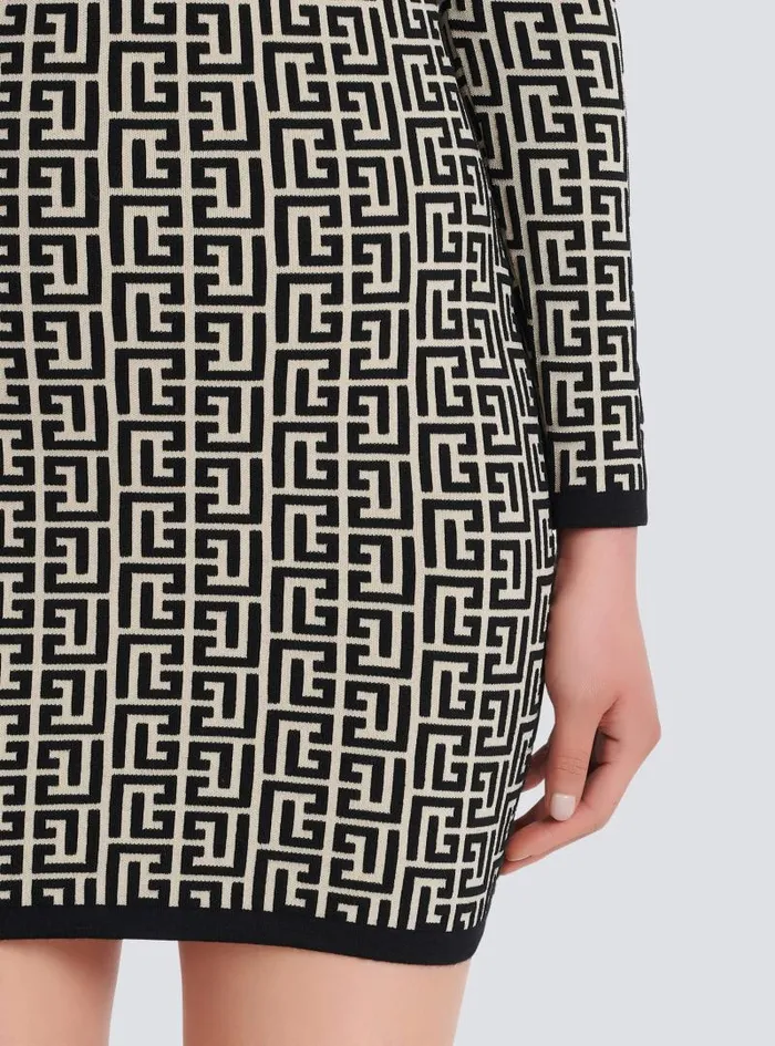 Balmain Dresses Women Short Bicolor Jacquard Dress With Monogram Black