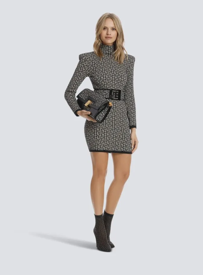 Balmain Dresses Women Short Bicolor Jacquard Knit Dress With Monogram Black