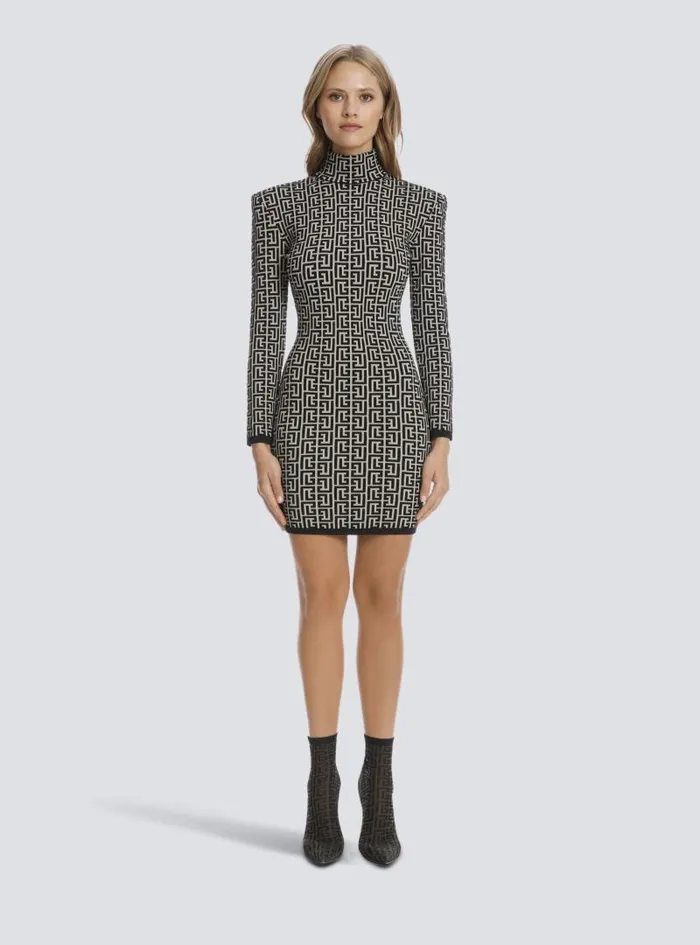 Balmain Dresses Women Short Bicolor Jacquard Knit Dress With Monogram Black
