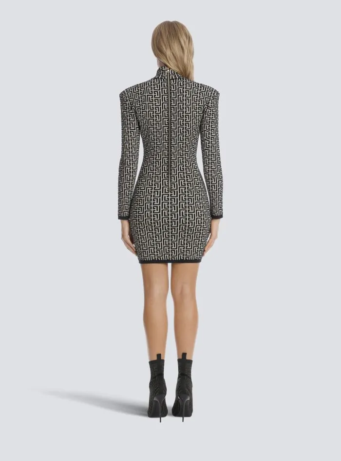 Balmain Dresses Women Short Bicolor Jacquard Knit Dress With Monogram Black