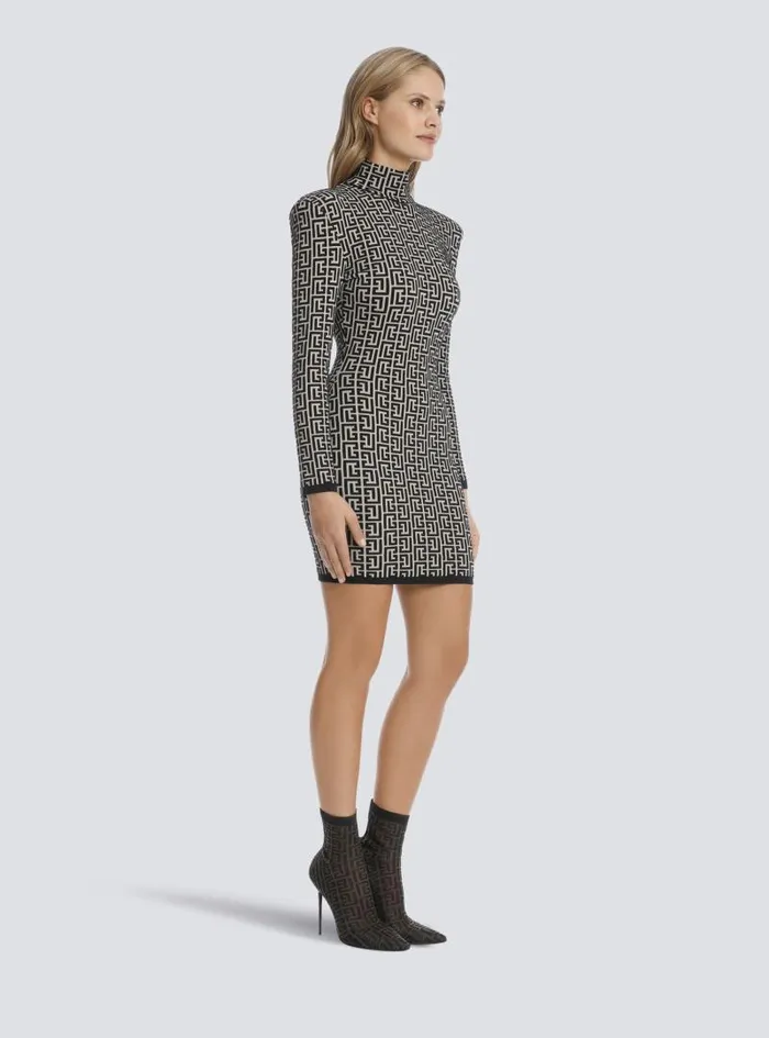 Balmain Dresses Women Short Bicolor Jacquard Knit Dress With Monogram Black