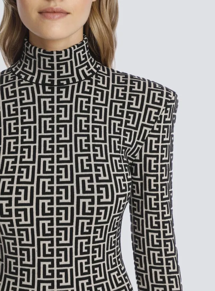 Balmain Dresses Women Short Bicolor Jacquard Knit Dress With Monogram Black