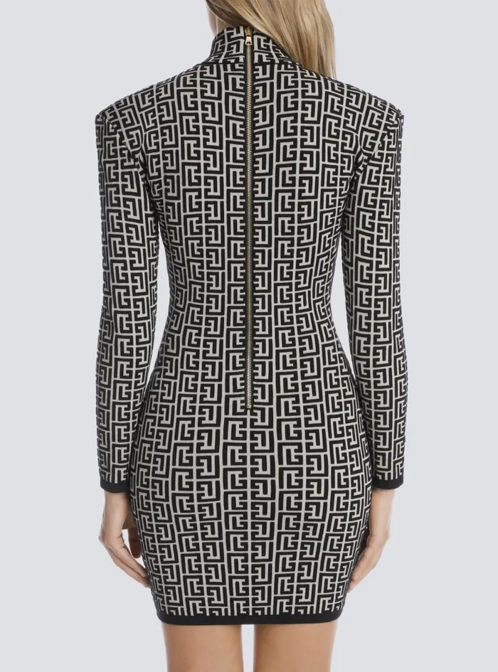 Balmain Dresses Women Short Bicolor Jacquard Knit Dress With Monogram Black
