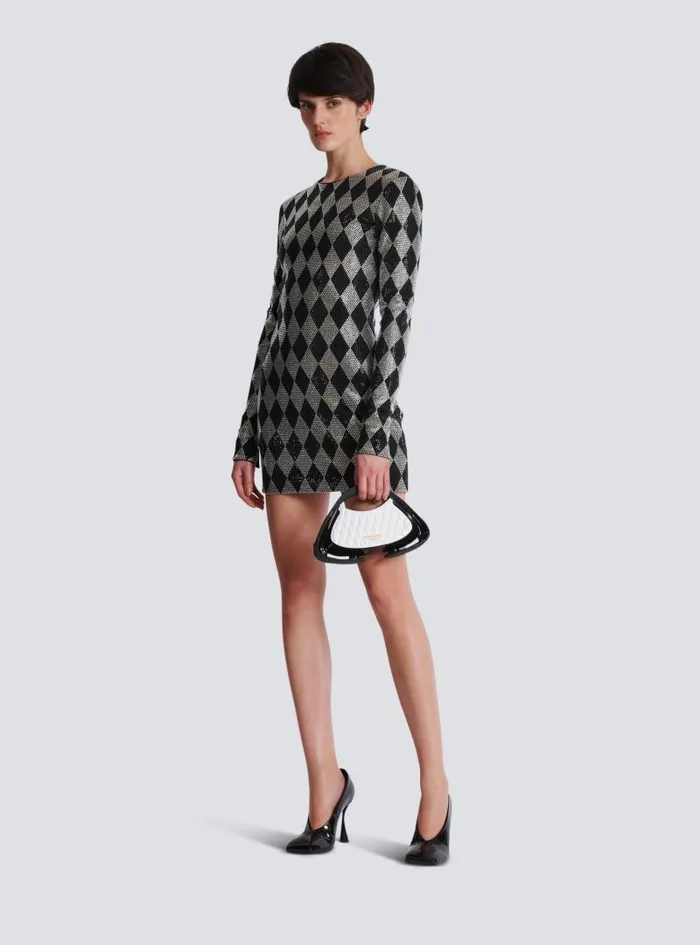 Balmain Dresses Women Short Diamond Rhinestone Dress Black