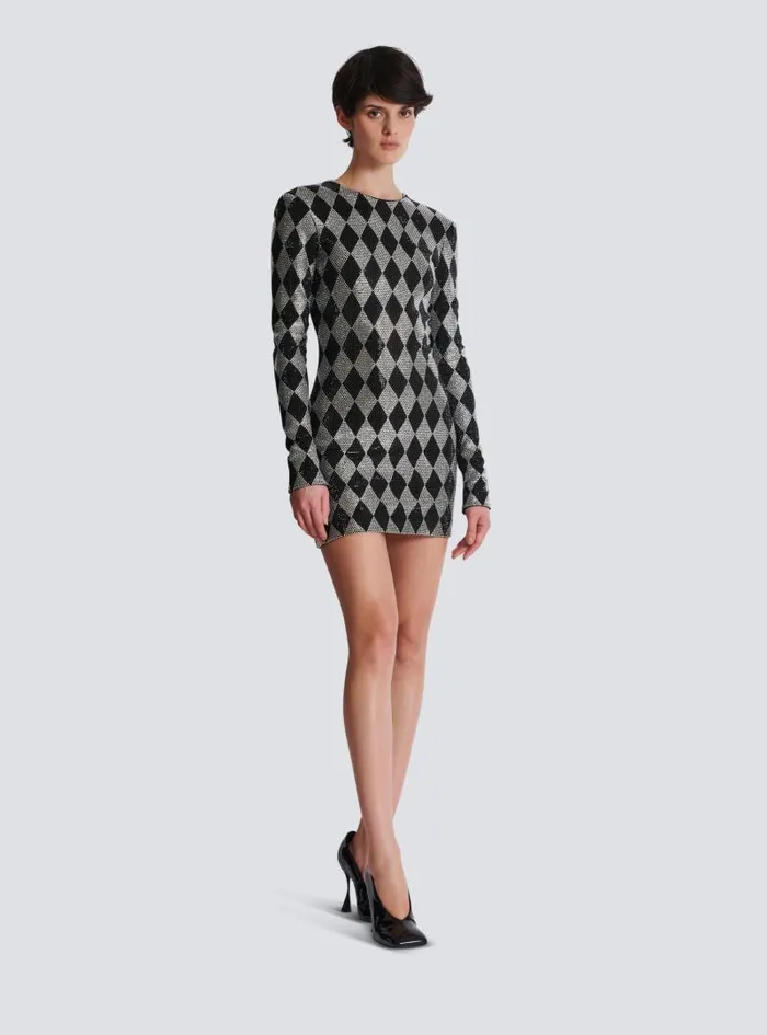 Balmain Dresses Women Short Diamond Rhinestone Dress Black