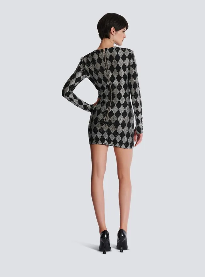 Balmain Dresses Women Short Diamond Rhinestone Dress Black