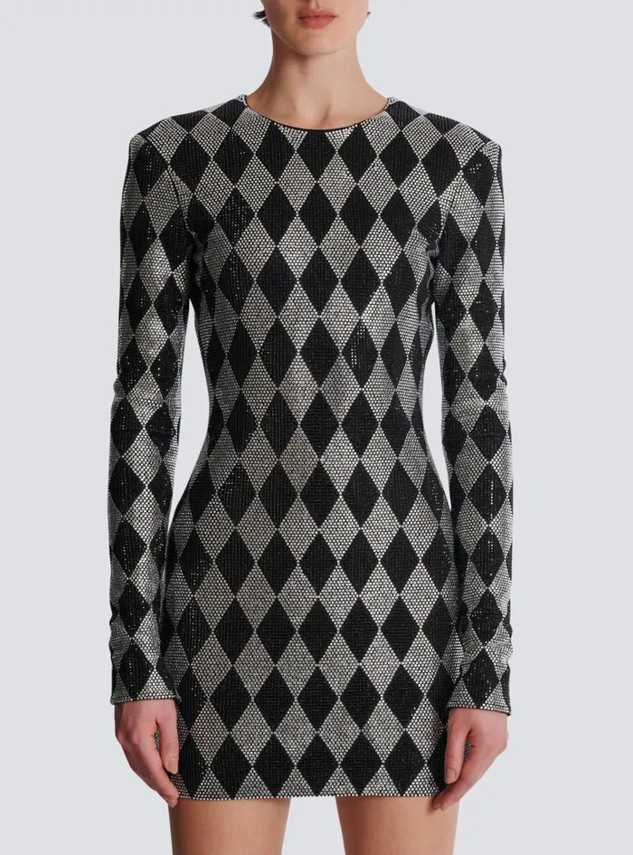 Balmain Dresses Women Short Diamond Rhinestone Dress Black