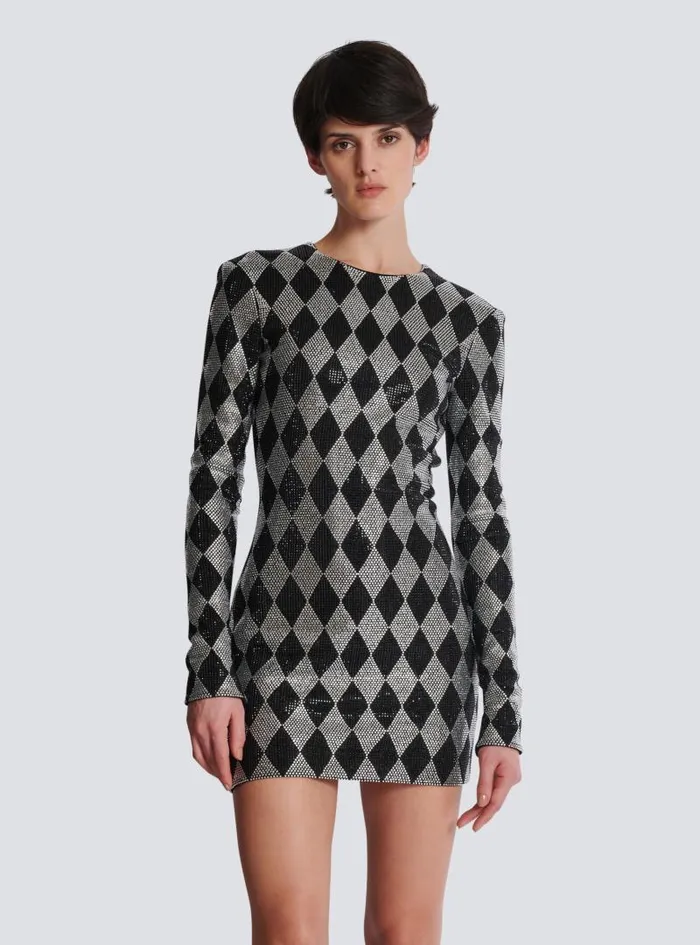 Balmain Dresses Women Short Diamond Rhinestone Dress Black