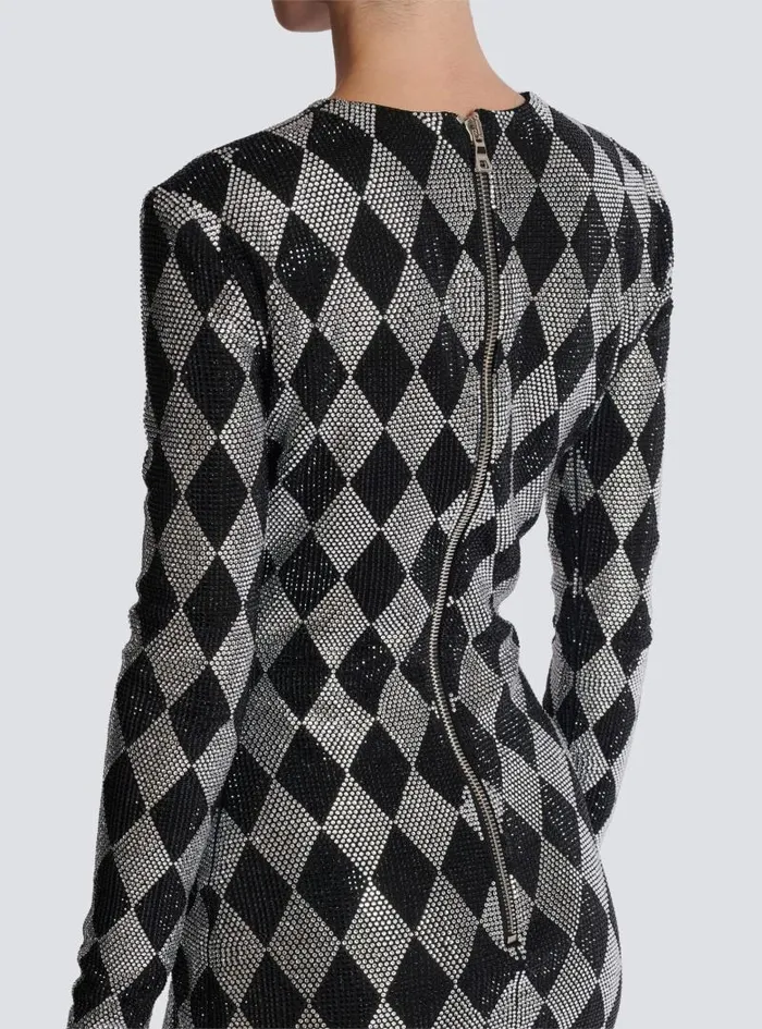 Balmain Dresses Women Short Diamond Rhinestone Dress Black