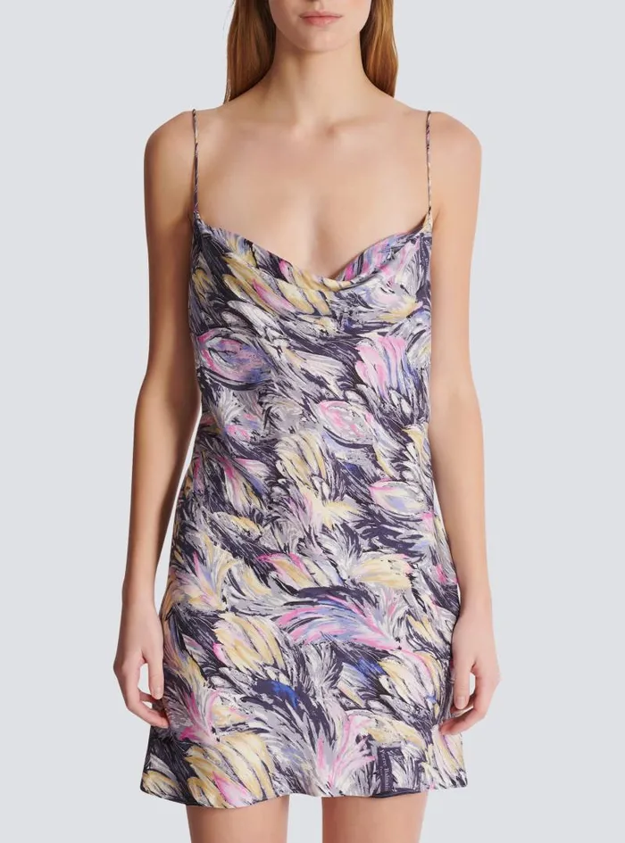 Balmain Dresses Women Short Satin Slip Dress With Feather Print Multicolor