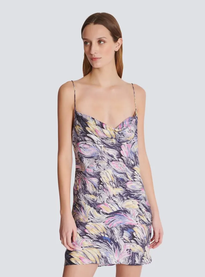 Balmain Dresses Women Short Satin Slip Dress With Feather Print Multicolor