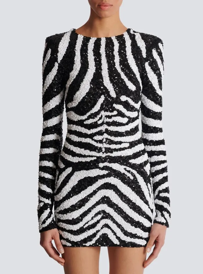 Balmain Dresses Women Short Twotone Zebra Sequin Dress White