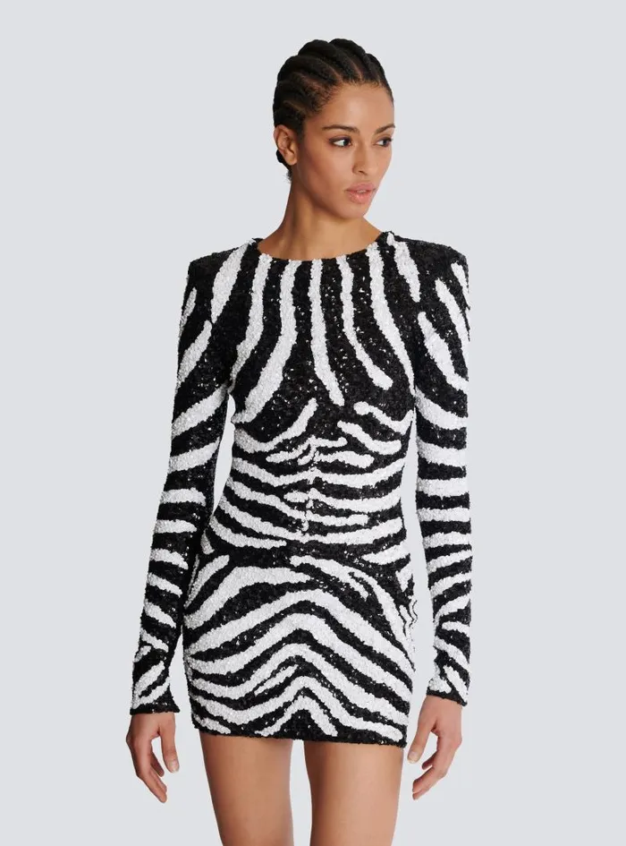 Balmain Dresses Women Short Twotone Zebra Sequin Dress White
