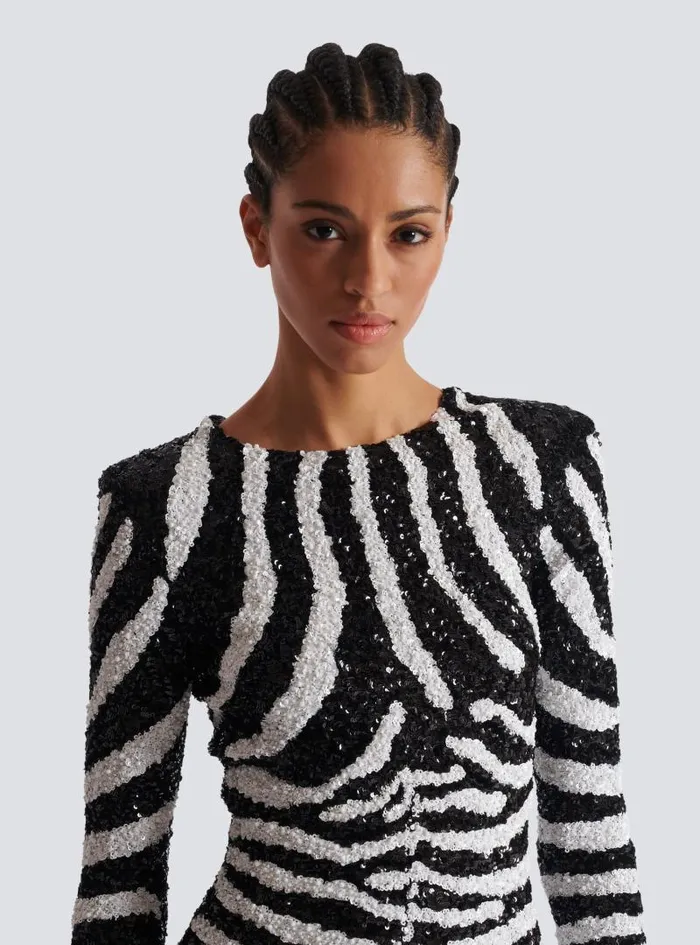 Balmain Dresses Women Short Twotone Zebra Sequin Dress White
