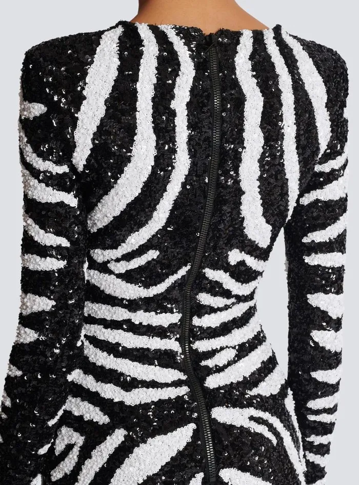 Balmain Dresses Women Short Twotone Zebra Sequin Dress White