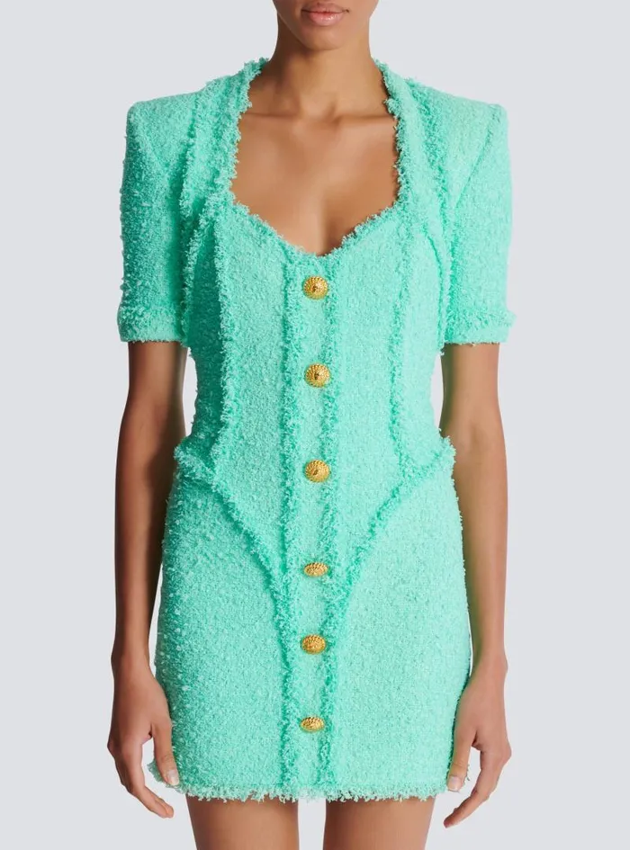 Balmain Dresses Women Tweed Dress With Buttons Blue