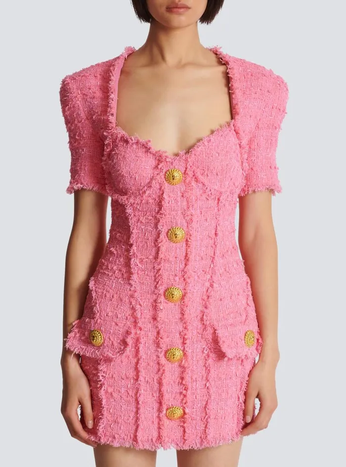 Balmain Dresses Women Tweed Dress With Buttons Pink