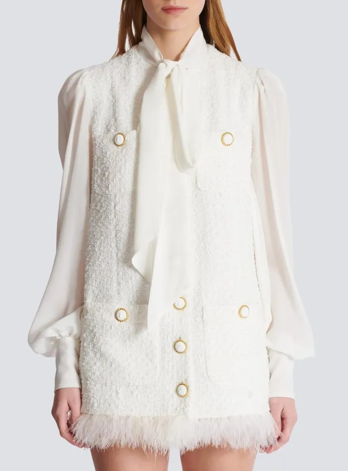 Balmain Dresses Women Tweed Dress With Pussybow Collar White
