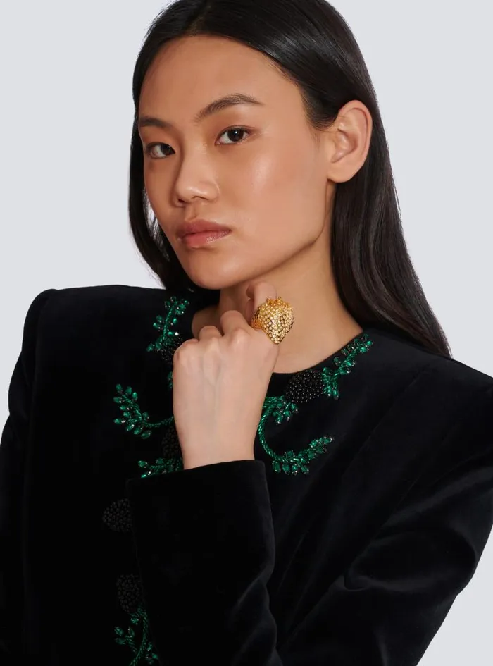 Balmain Fashion Jewelry Women Strawberry Brass And Rhinestone Ring Gold