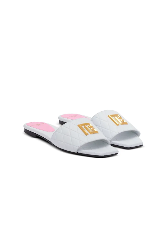 Balmain Flat Shoes Women Dafne Calfskin Mules With Embossed Grid White