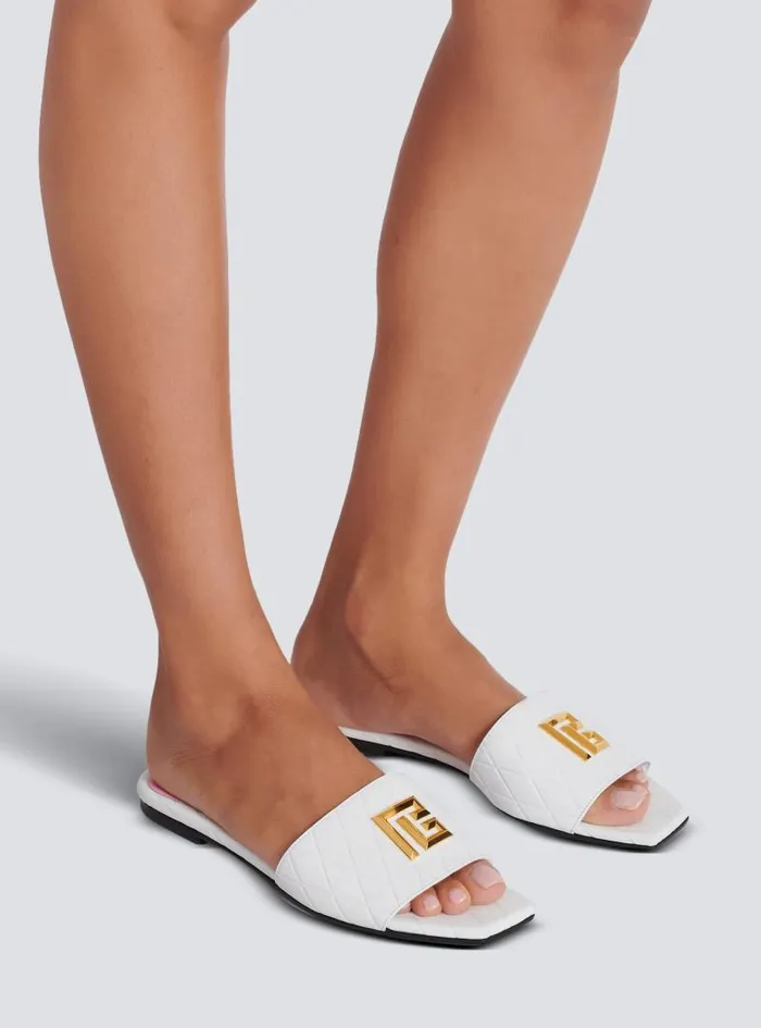 Balmain Flat Shoes Women Dafne Calfskin Mules With Embossed Grid White