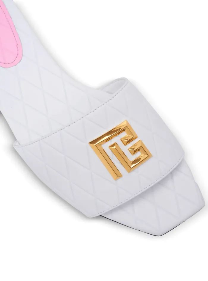 Balmain Flat Shoes Women Dafne Calfskin Mules With Embossed Grid White