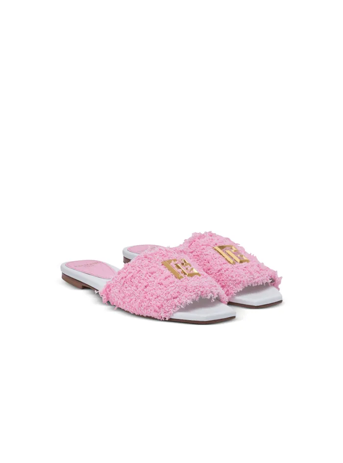 Balmain Flat Shoes Women Dafne Leather And Tweed Mules Pink